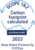 Badge with text Scope 1 and 2 Carbon footprint calculated, granted in 2023 by Kauppakamari. Stop Noise Finland Oy, 0 tCO2e.